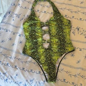 Green Snake-Print Halter One-Piece Swimsuit